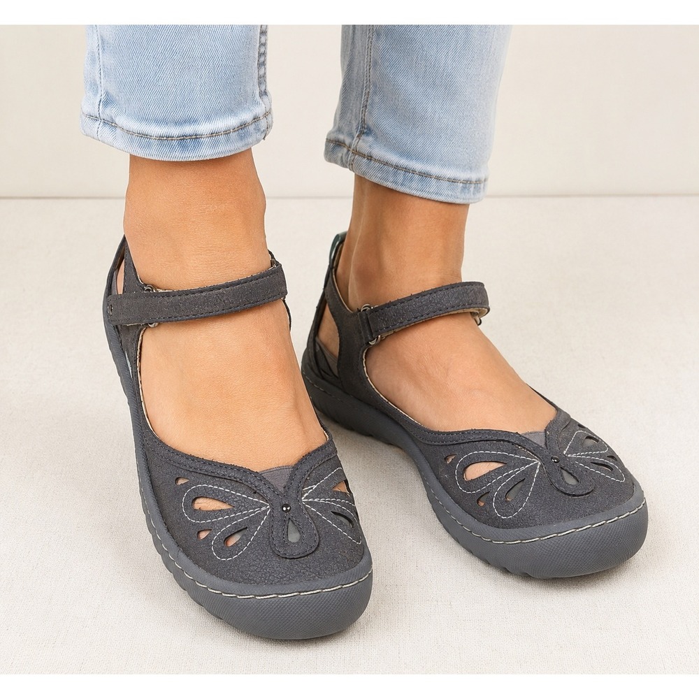 JBU Sport Meadow Flats Women 7M Grey Vegan Mary Jane Floral Cutout cottagecore